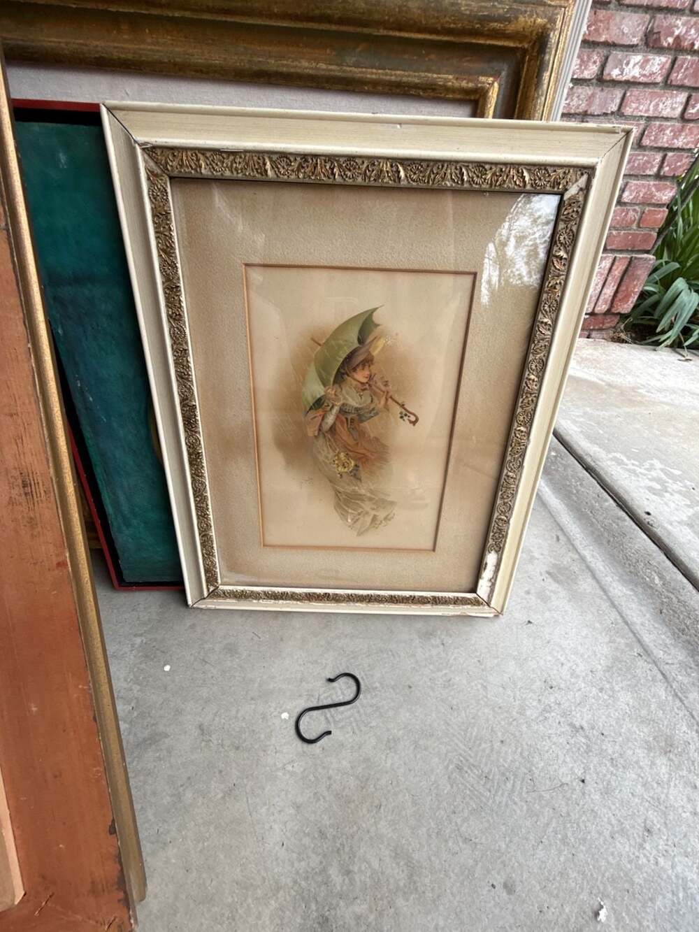 Vtg P. Linder Framed Watercolor Lithograph Print of Victorian Woman with Umbrell